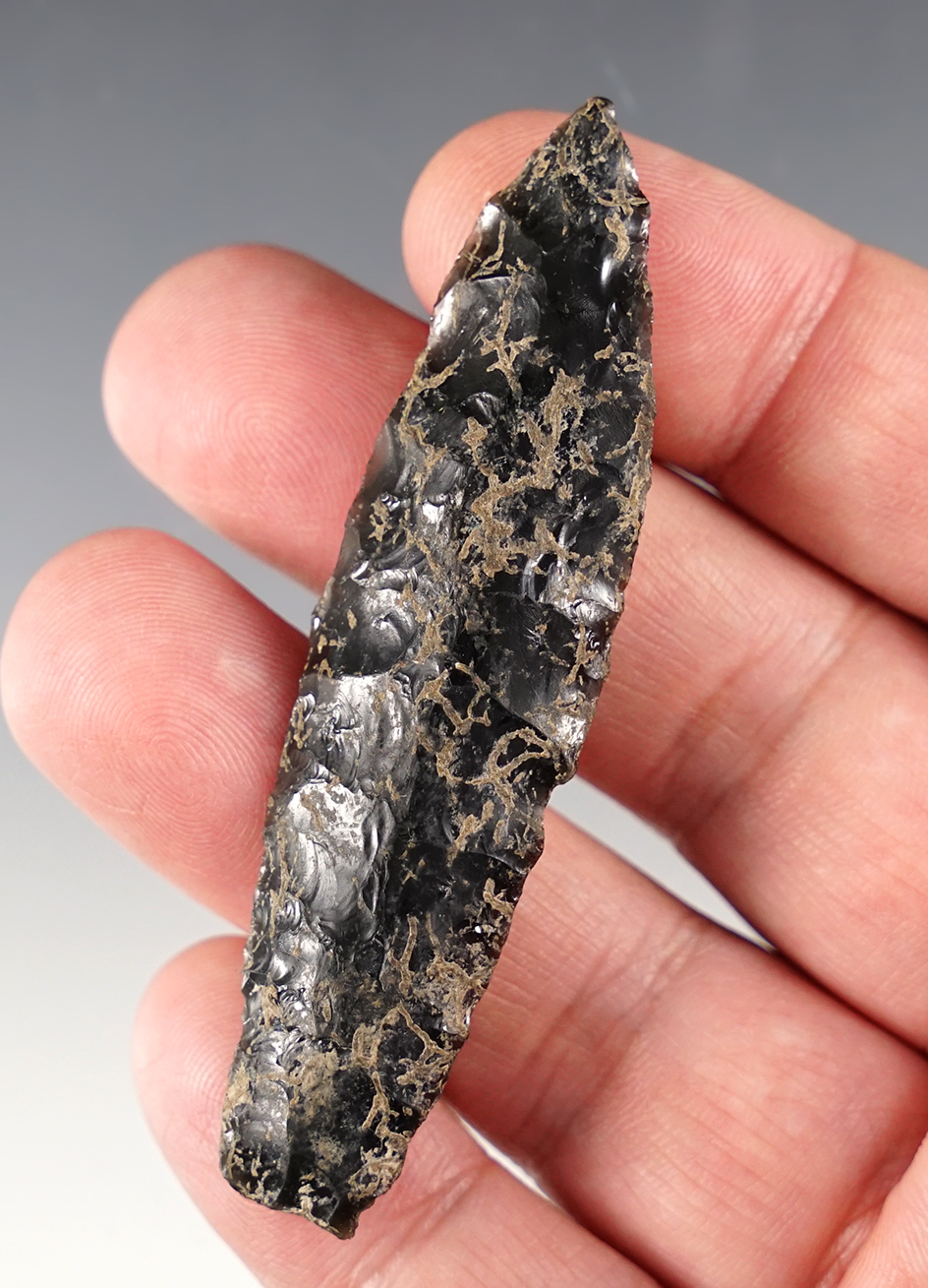 Superb 2 7/8" Paleo Haskett made from patinated Obsidian. Found in Lake Co., Oregon.