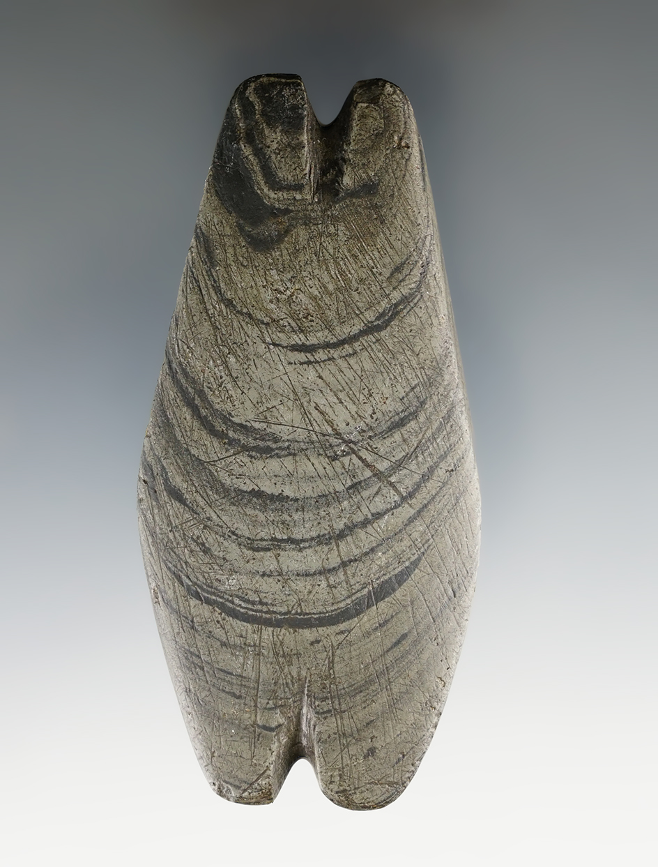 3 1/2" Archaic Bar Weight made from green and black Banded Slate. Found in Franklin Co., Ohio.