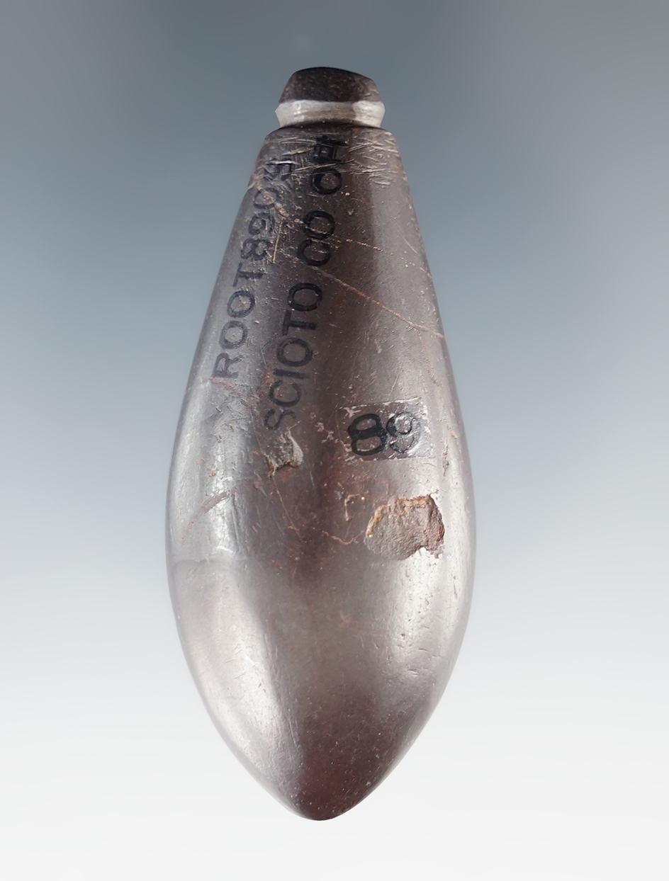 2 1/2" Archaic Plummet made from red Hematite. Found in Scioto Co., Ohio. Ex. Lutz, Mark Seeley.