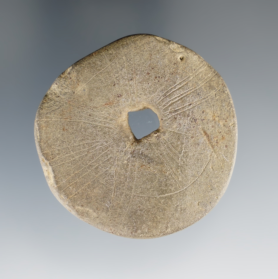 1 7/8" Mississippian Sandstone Disc that is engraved on both sides. Found in Ohio.