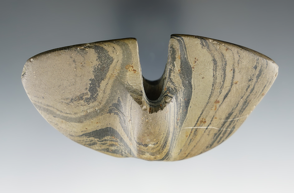 4" Archaic Single Notch Butterfly Bannerstone found in Clay Co., Indiana. Ex. Bill Gray Collection.