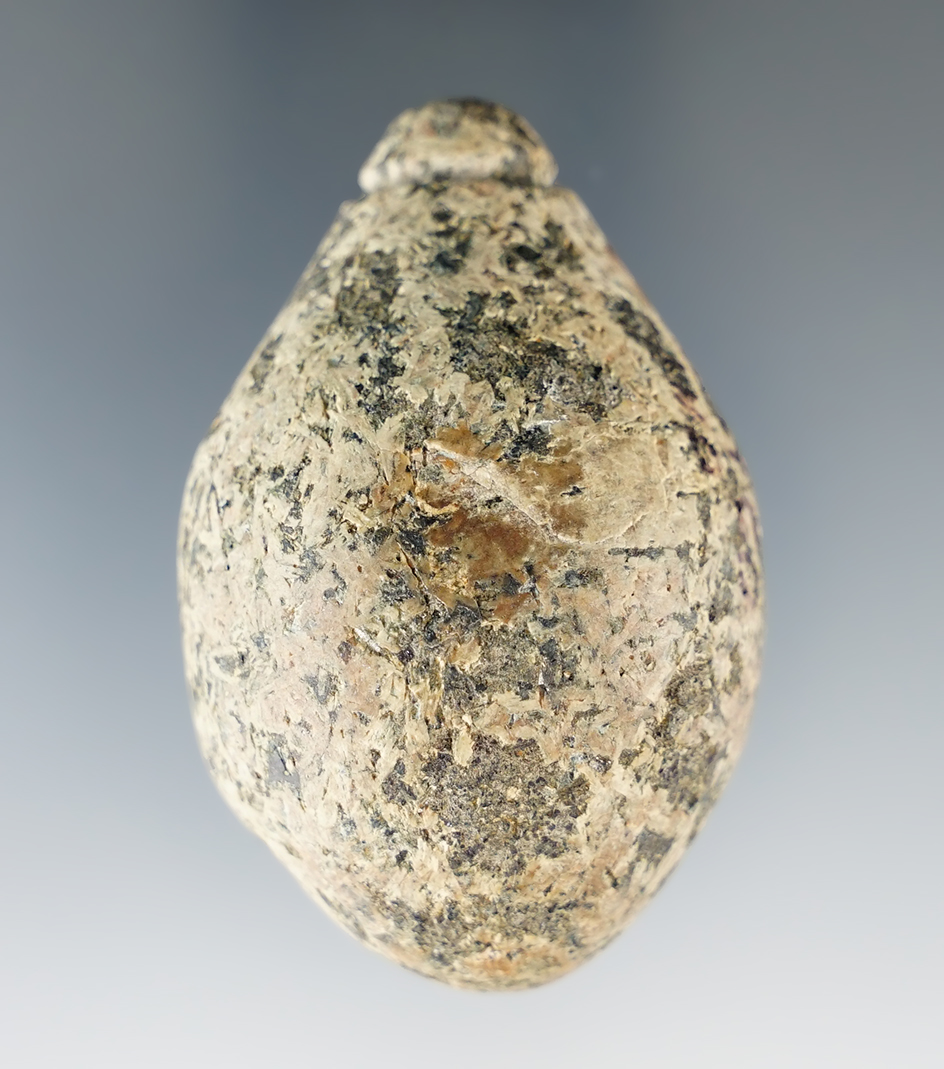 2 3/16" Archaic Plummet made from Granite. Found in the vicinity of Portland, Jay Co., Indiana.