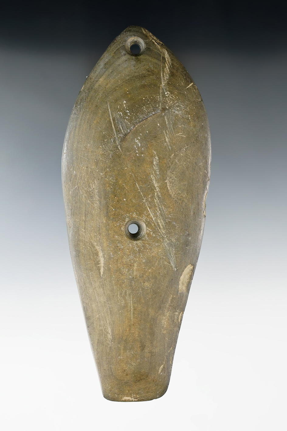 6 3/16" Glacial Kame Sandal Sole Gorget found in Michigan. Ex. Walter Nelson. Davis G-10 COA.