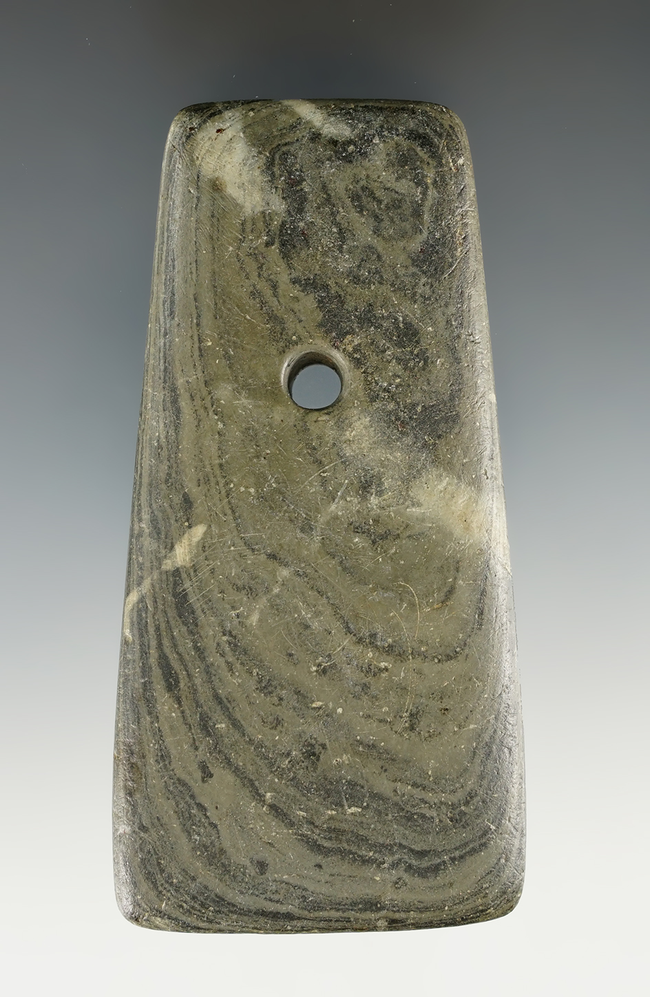 4" Adena Trapezoidal Pendant made from green and black Mottled Slate. Huntington Co., Indiana.