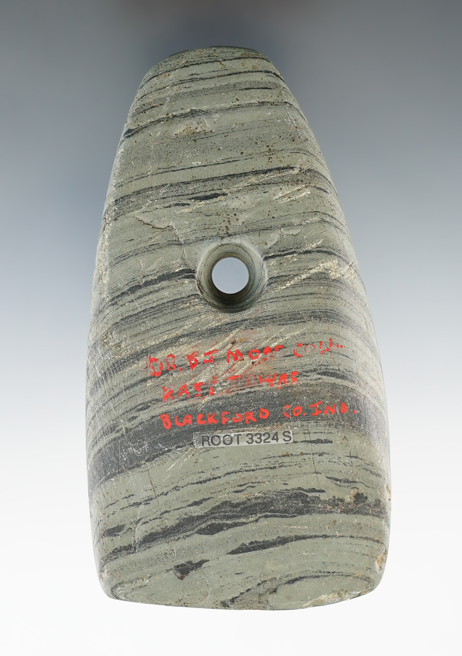 4 3/16" Adena Trapezoidal Pendant made from green and black Banded Slate. Blackford Co., IN.