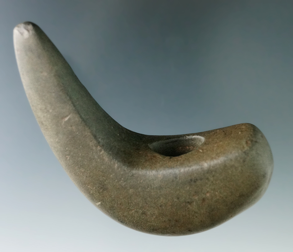 3 1/4" Late Archaic Geniculate made from green Mottled Slate, found in Knox Co., Ohio. Ex. Max Shipl