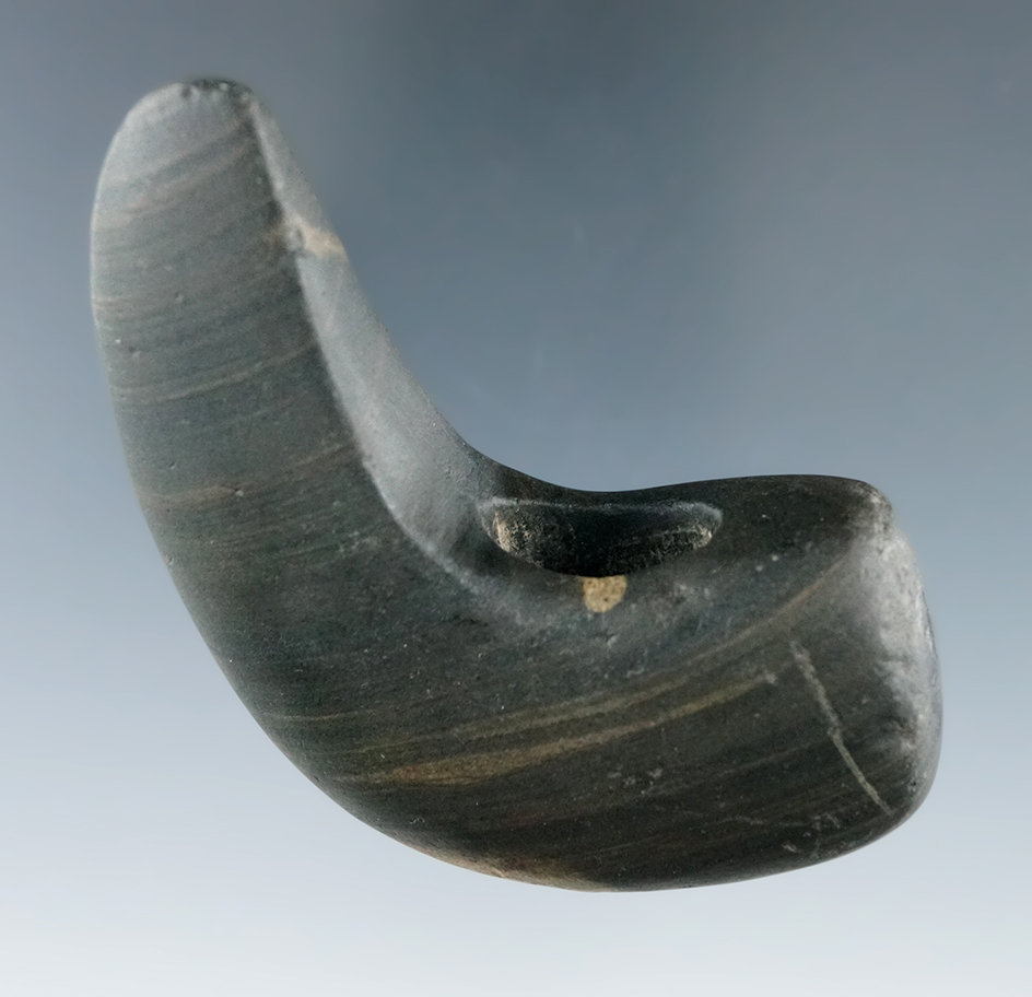 3" Archaic Geniculate made from Banded Slate, found South of Lima, Auglaize Co., Ohio. Ex. Rocky Fal