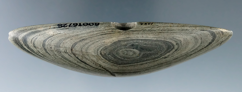 4 1/8" Archaic Pick Bannerstone made from green and black Banded Slate, found in Mercer Co., Ohio.