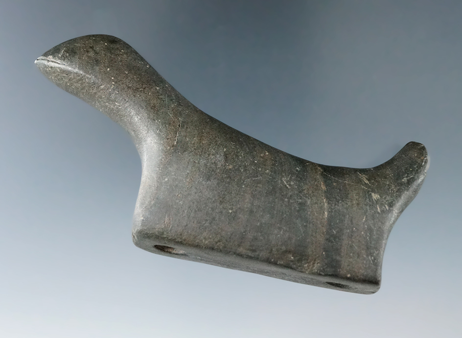 3 1/2" Long by 1 3/4" Wide Glacial Kame Birdstone made from Banded Slate. Found in the early 1900's