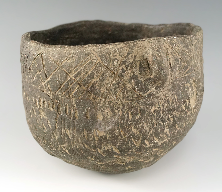 3 3/4" Ft. Ancient Incised Pot made from Clay. Found in Rush Twp., Scioto Co., Ohio 9 miles North of