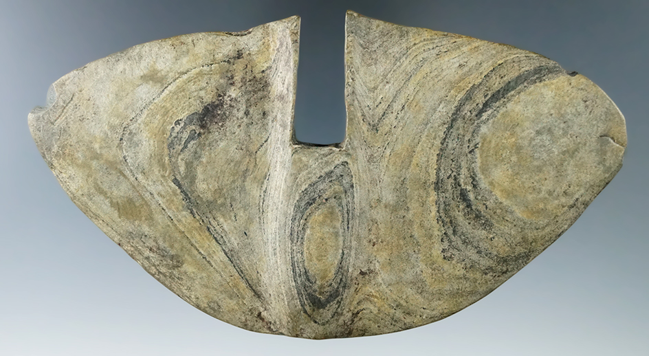 5 7/16" Archaic Single Notch Bannerstone made from green and black Banded Slate, found in Licking Co