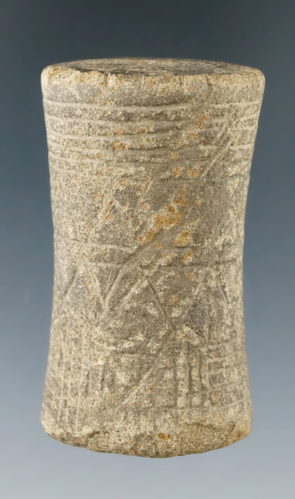 2" x 1 1/8" Mississippian Engraved Sandstone Spool found in Warren Co., Ohio. Ex. Tom Davis.