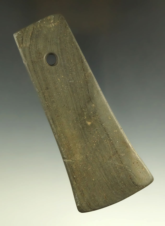 4 11/16" Tallied Adena Bell Pendant made from Gray and Black Banded Slate, Summit Co., Ohio.