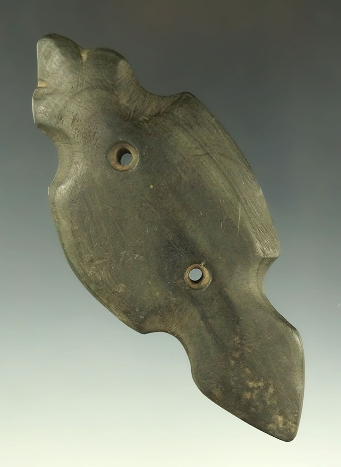 Uniquely styled 4 1/4" Hopewell Effigy Gorget - Newaygo Co., Michigan. Ex.  B.W. Stevens, Davis COA.