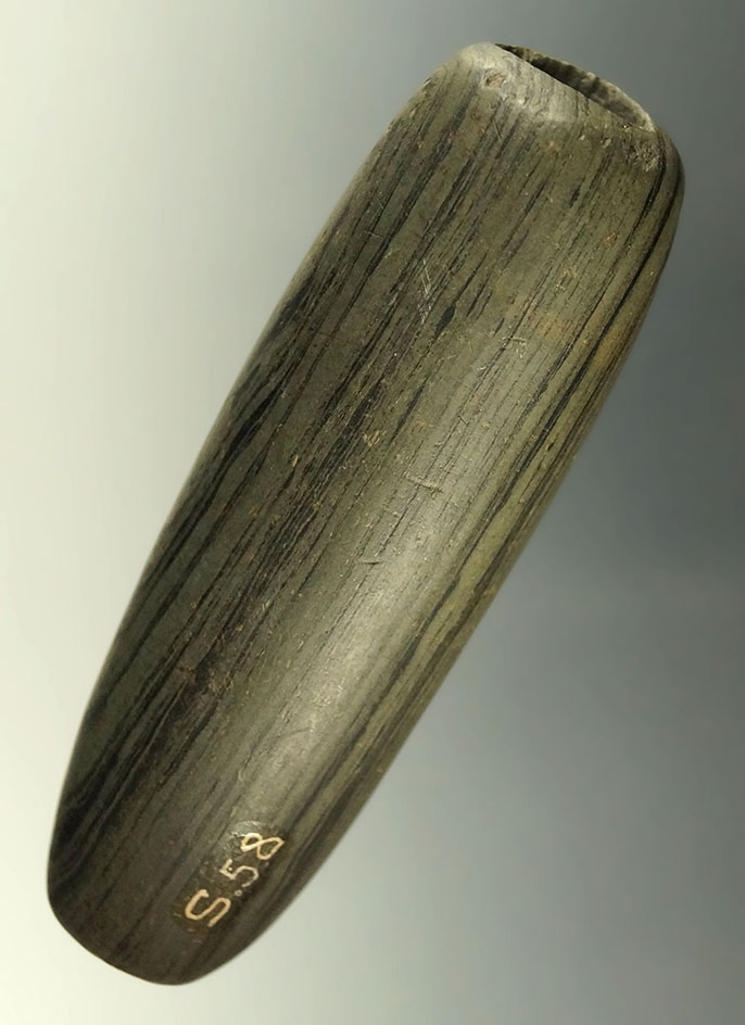 3 3/4" Archaic Tubular Bannerstone - Medina Co., Ohio. Ex. Dean Driskill, Jack Hooks. Pictured!