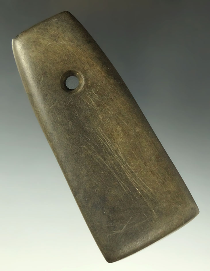 4 1/4" Adena Trapezoidal Pendant - Harrison Co., Indiana. Ex. Dr. M.E. Hawes, #Ha-Y12, Jack Hooks.