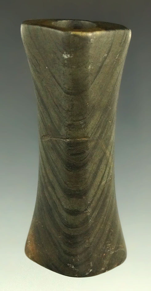Rare style 3 1/4" Archaic Hourglass Bannerstone found in Stark Co., Ohio. Ex. Jan Sorgenfrei.