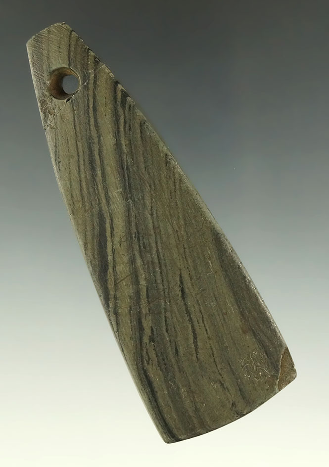 3 1/2" Hopewell Trapezoidal Pendant found in Miami Co., Indiana. Broken and glued.Ex. Tebbs.