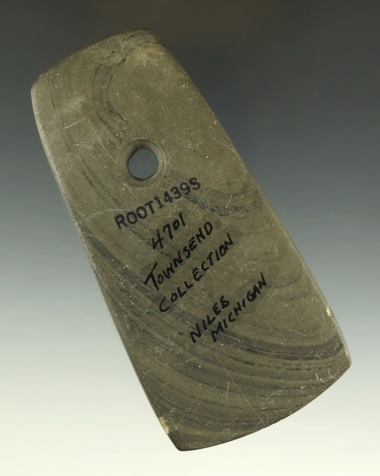 3 15/16" Adena Trapezoidal Pendant with tallies. Found in Berrien Co., Michigan. Ex.Townsend!