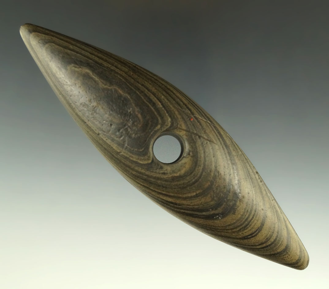 5 3/8" Archaic Pick Bannerstone, found in Franklin Co., Ohio. Ex. Don Morrow Collection.