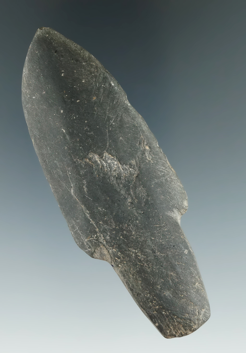 Well styled 3 11/16" stemmed slate spear point found in Chautauqua Co., New York.