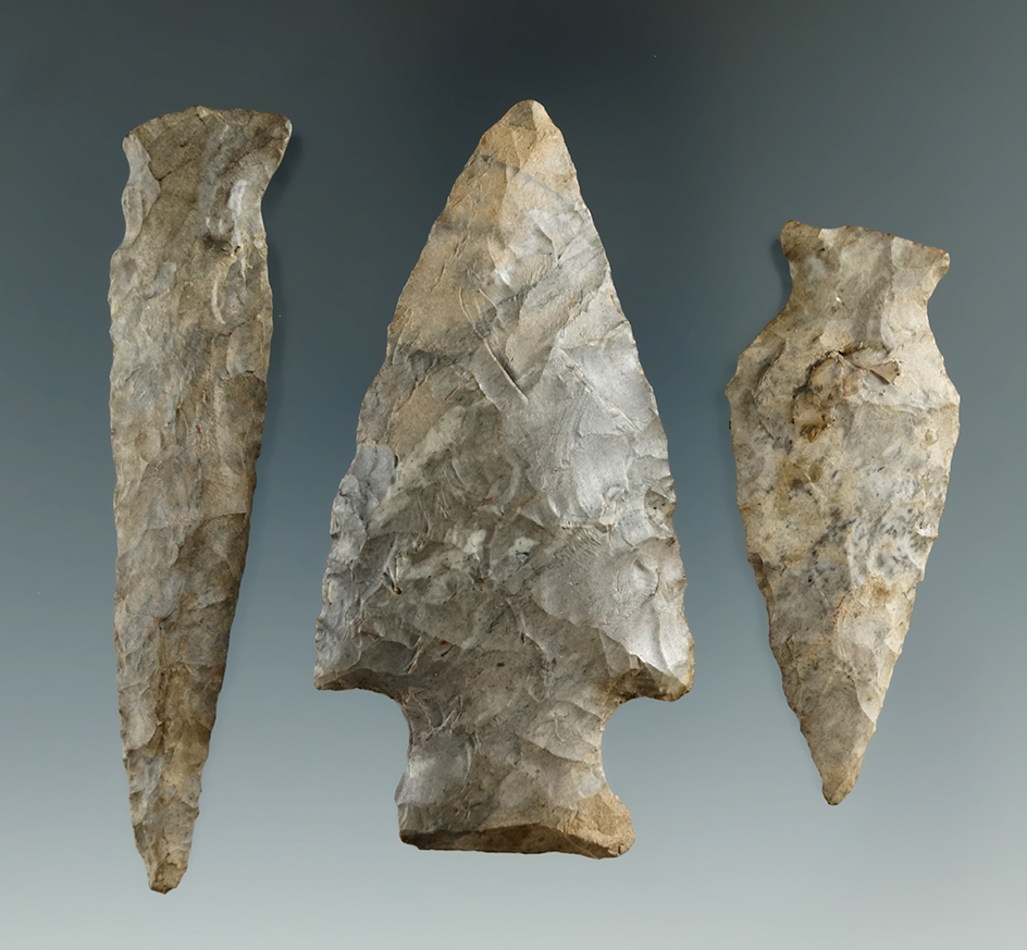 Set of three New York arrowheads, largest is 3 1/8".