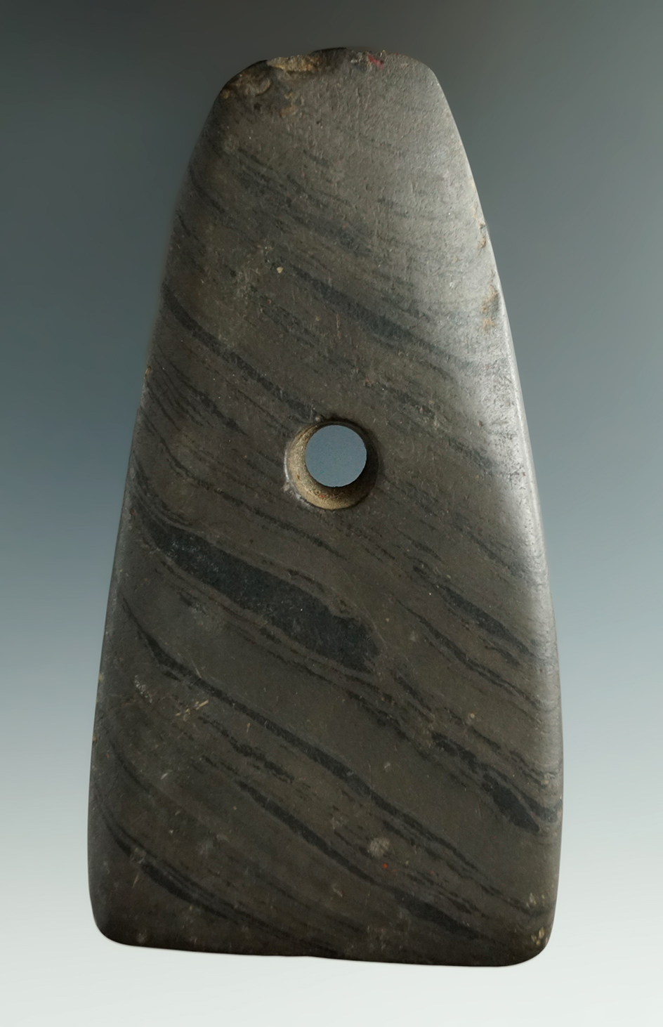 4 9/16" Trapezoidal Pendant made from banded slate found in Ontario Co., New York.