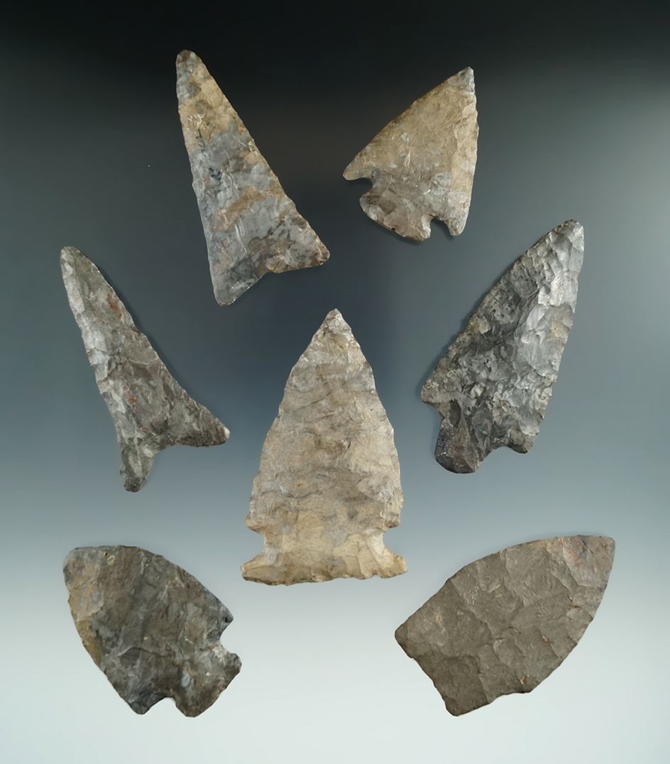 Set of seven assorted New York arrowheads with minor restoration, largest is 2 5/8".