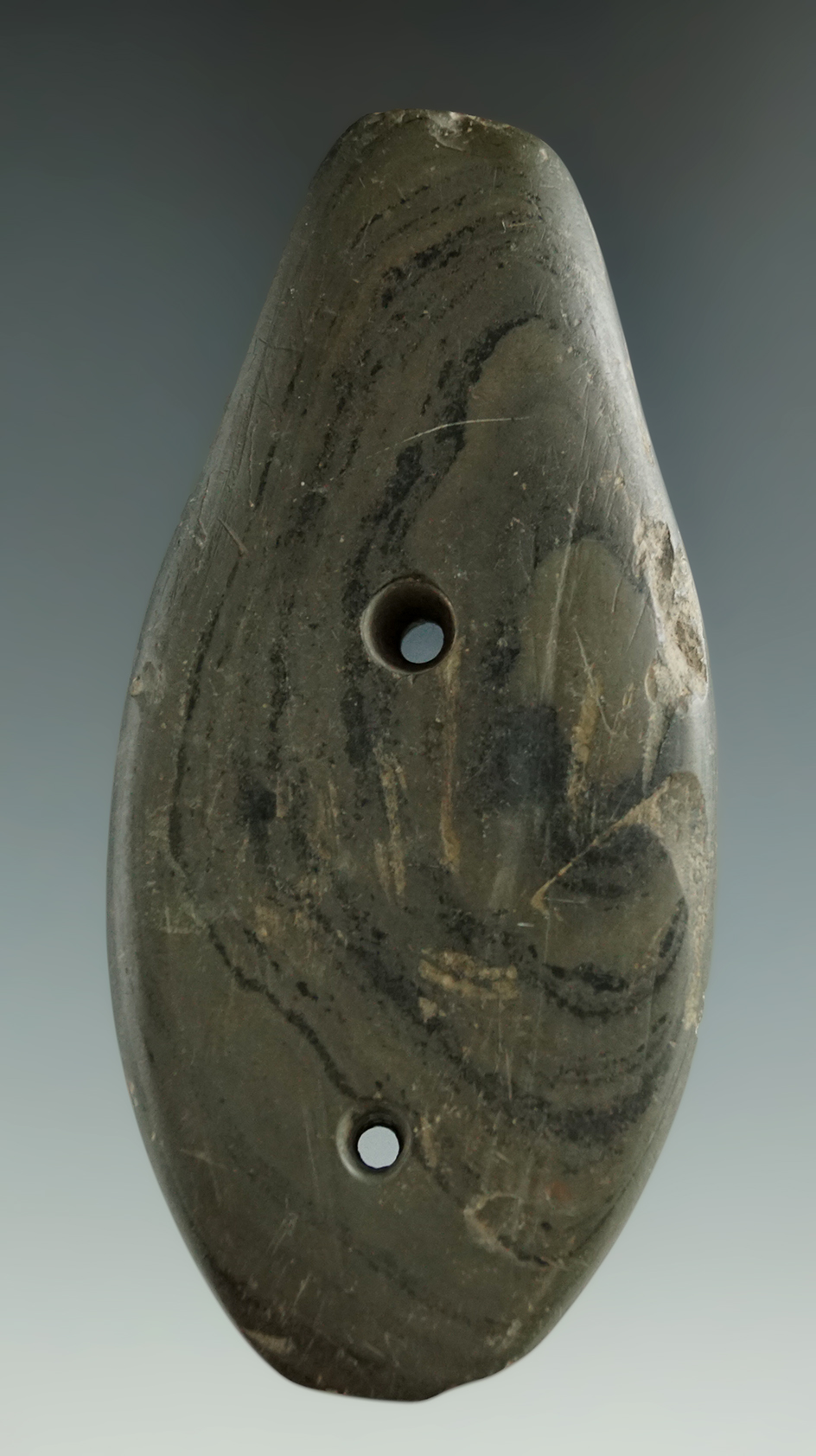3 7/8" uniquely shaped Teardrop Gorget found near West Bloomfield New York.