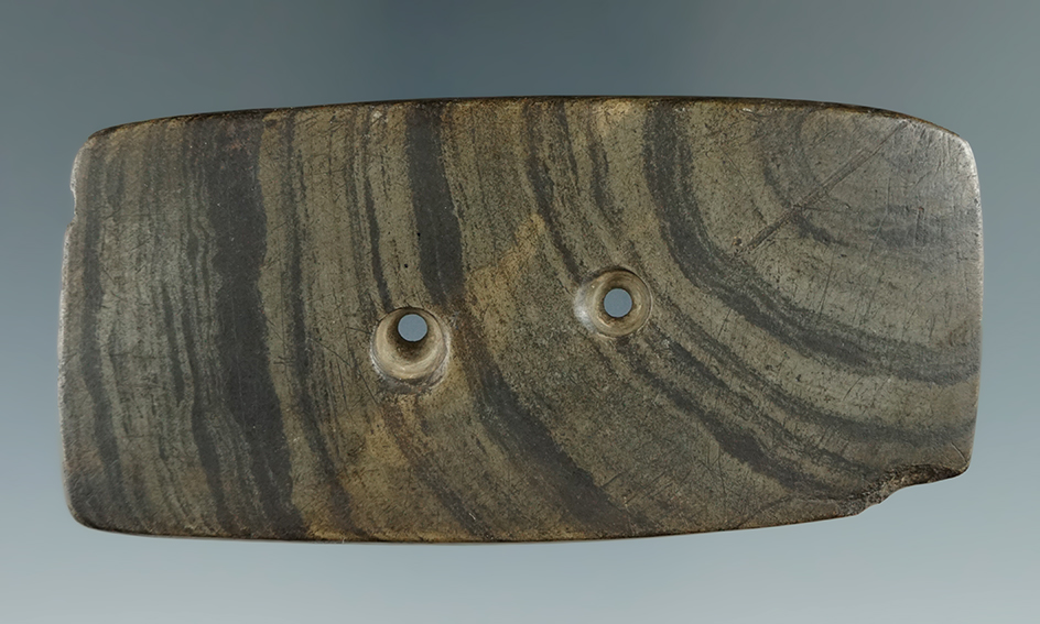 3 7/16" Rectangular Gorget made from banded slate found in Seneca Co., New York.