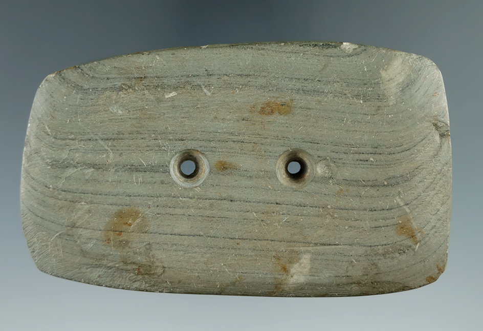 3 13/16" Rectangular Gorget made from green banded glacial slate found in Chautauqua Co., NY.