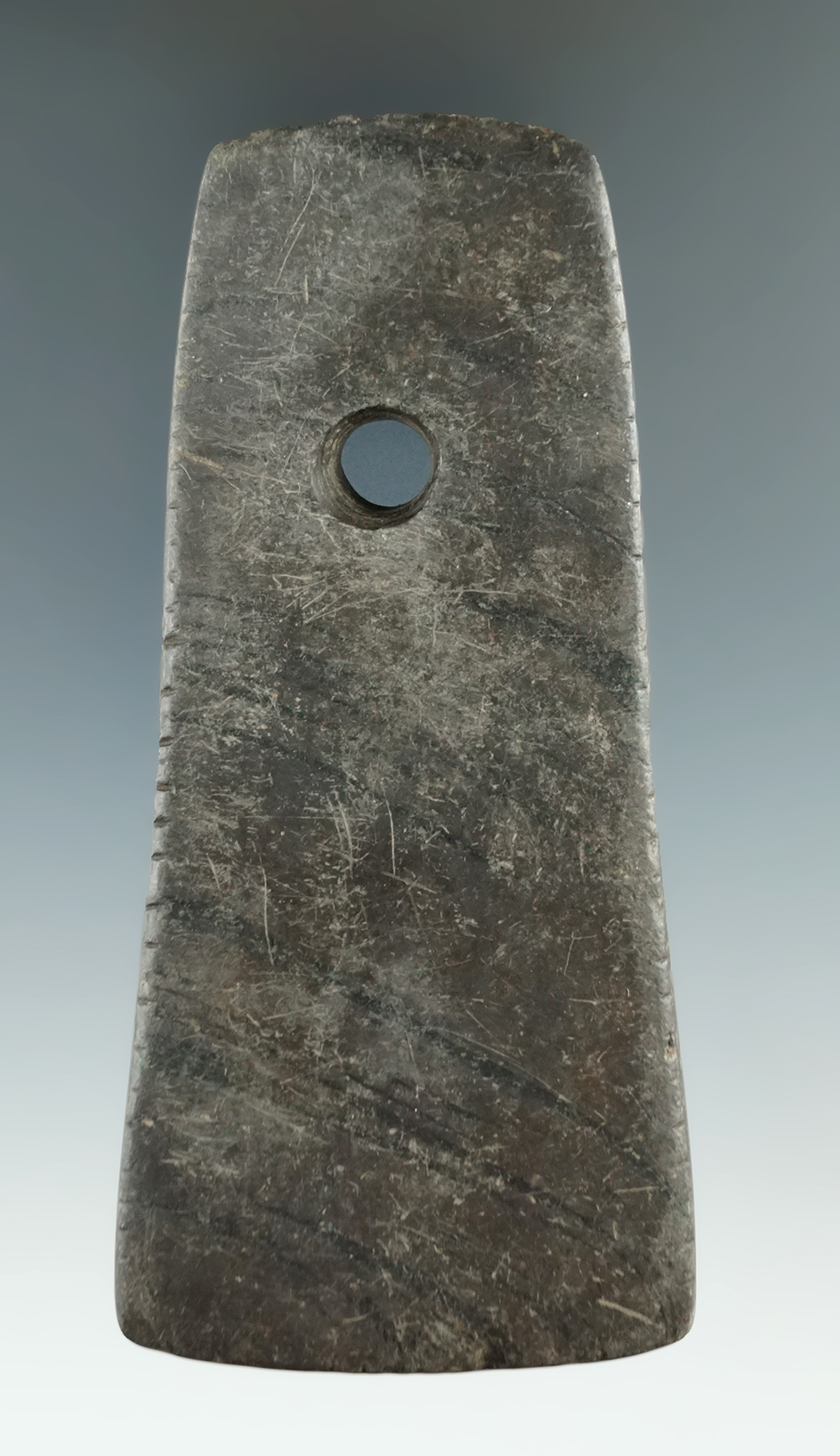 Well patinated 4 1/8" Trapezoidal Pendant that is heavily tallied on most edges - Steuben Co., NY.