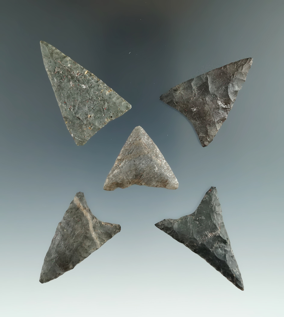 Set of five well styled triangular arrowheads found near Winney Island, New York. Largest is 1 7/8".