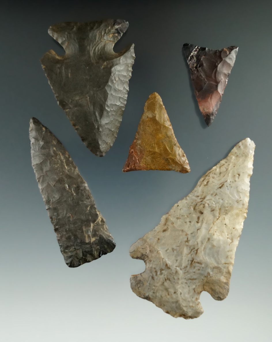 Set of five restored points and knives found in New York, largest is 3 3/16".