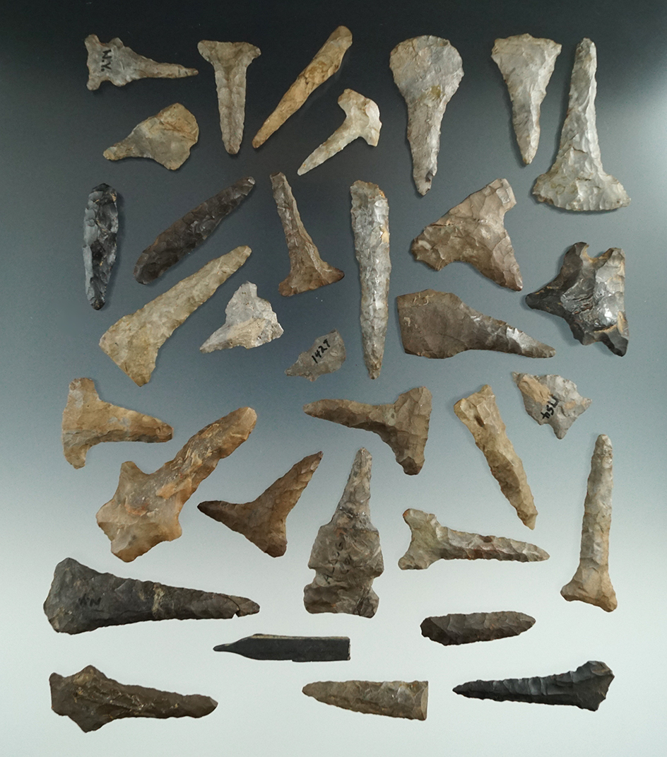 Large group of assorted Flint drills found in New York. Some restored, some broken and glued.