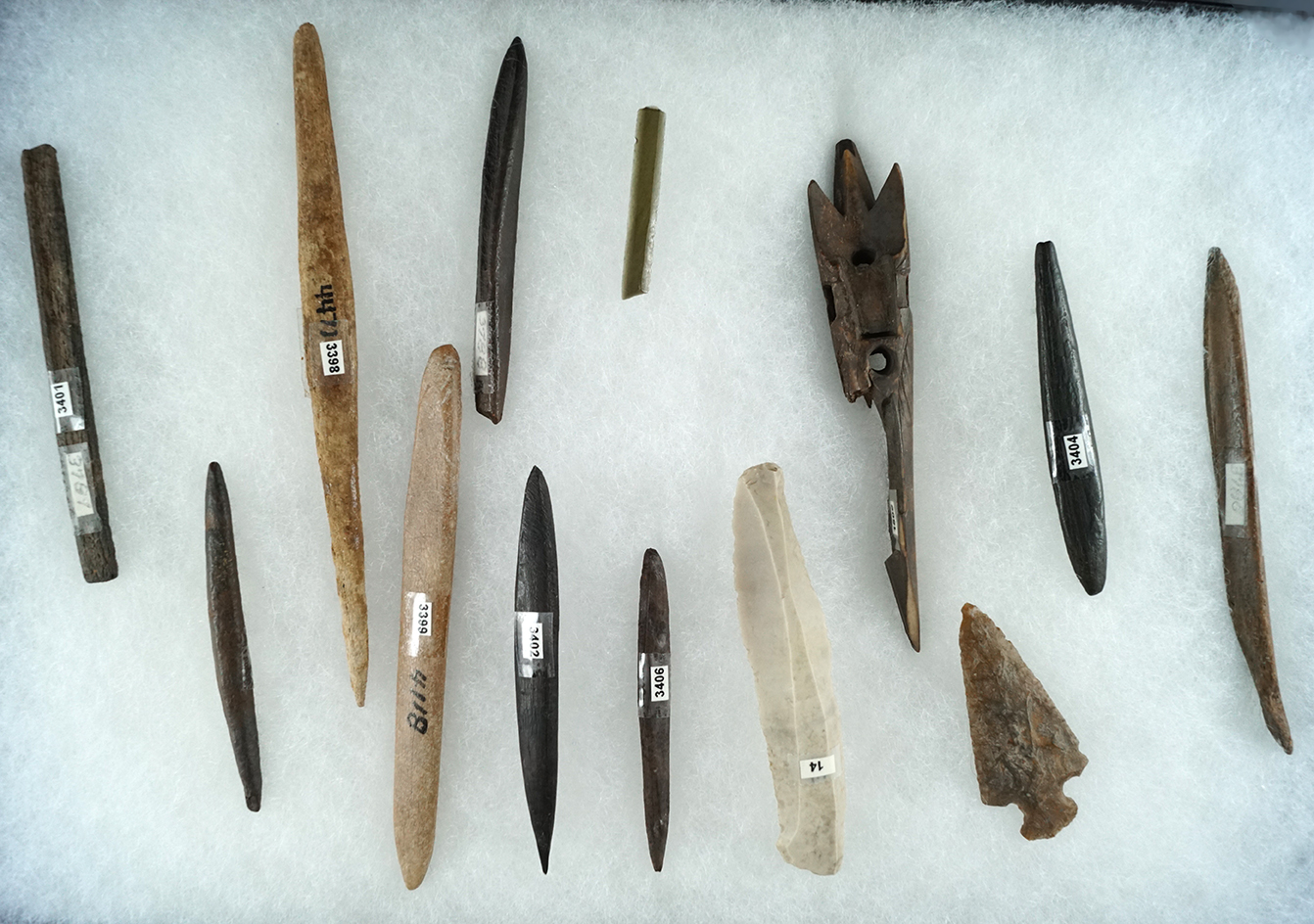 13 assorted Awls, Bladelets, a cornernotch point, and an Alaskan Harpoon Tip.