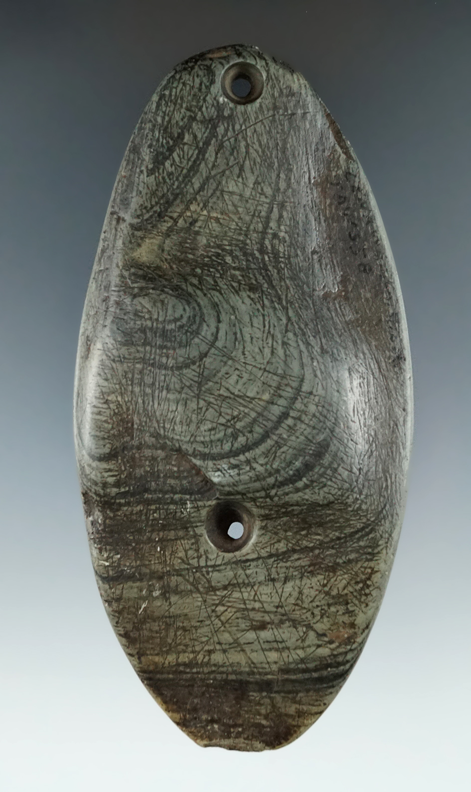 4 3/4" Gorget that was anciently salvaged from a Bannerstone Preform, Michigan. COA.