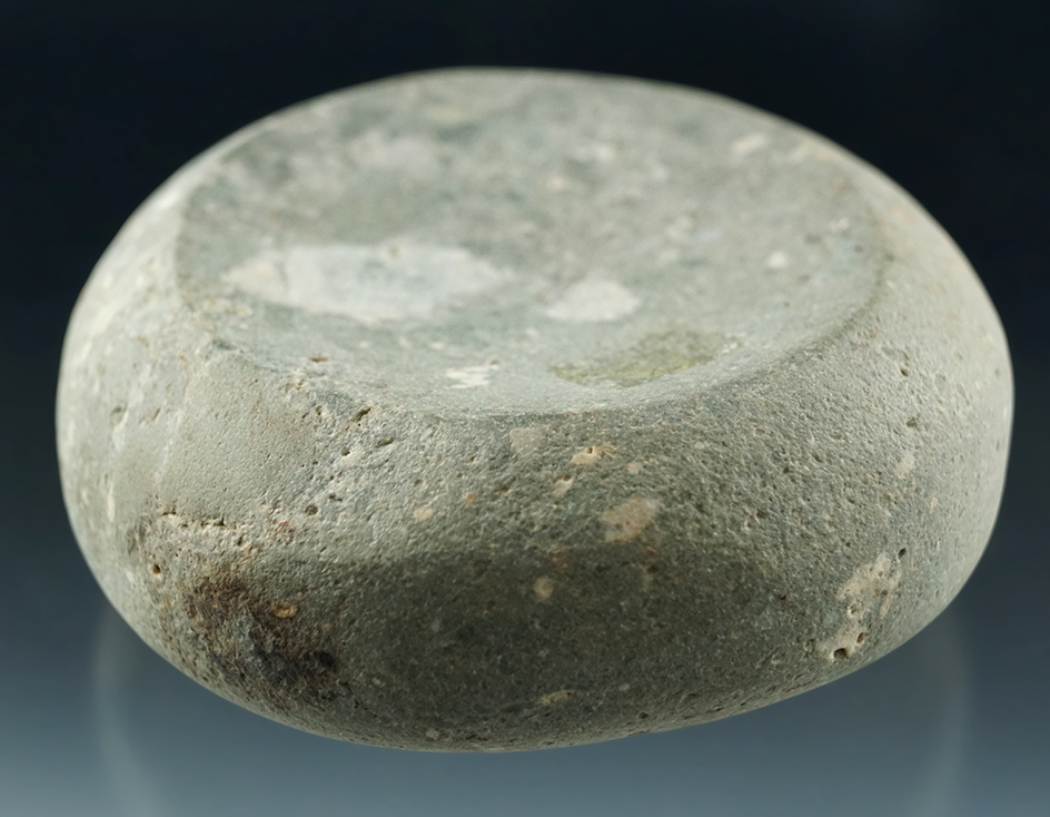 4 1/8" Diameter Double Cupped Discoidal made from Porphyritic Hardstone. Found in Ohio.