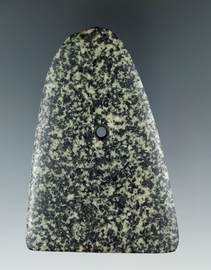 3 5/8" Salvaged Gorget found in Schuyler Co., Illinois. Ex. B.W. Stevens, Townsend, Bill Tiell.