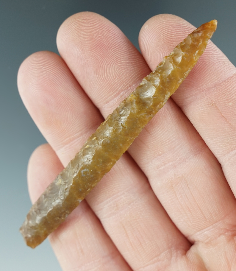 3 1/4" Drill made from caramel Agate. Found near the Columbia River, Oregon.