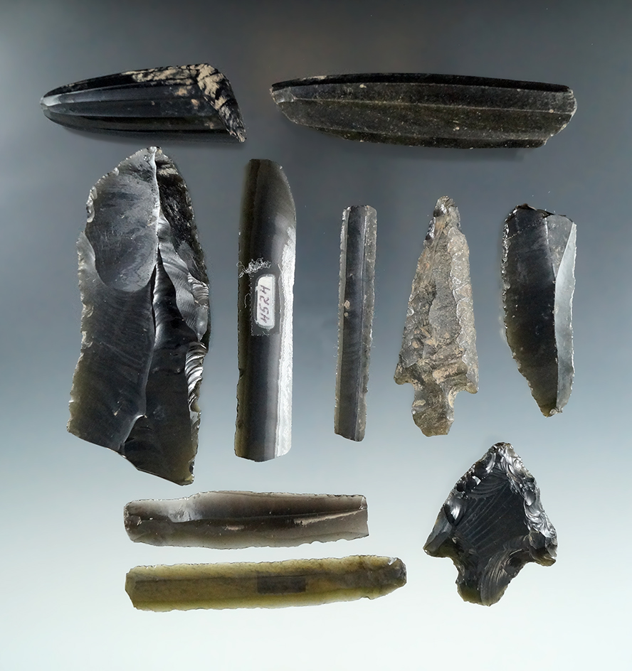 Set of Obsidian Blades, Cores and Points found in Mexico, largest is 3 1/2".