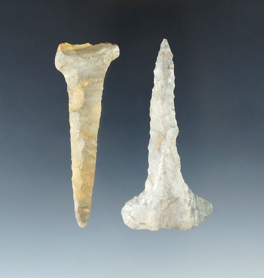 Pair of Attica Chert Expanded Base Drills, largest is 2 3/4" and has a nice green tint.