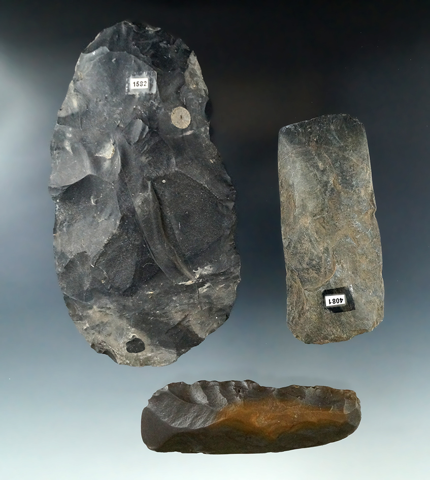 Set of 3 Artifacts including a Stone Celt, Flint Chisel, and a 5 1/2" Coshocton Flint Preform.