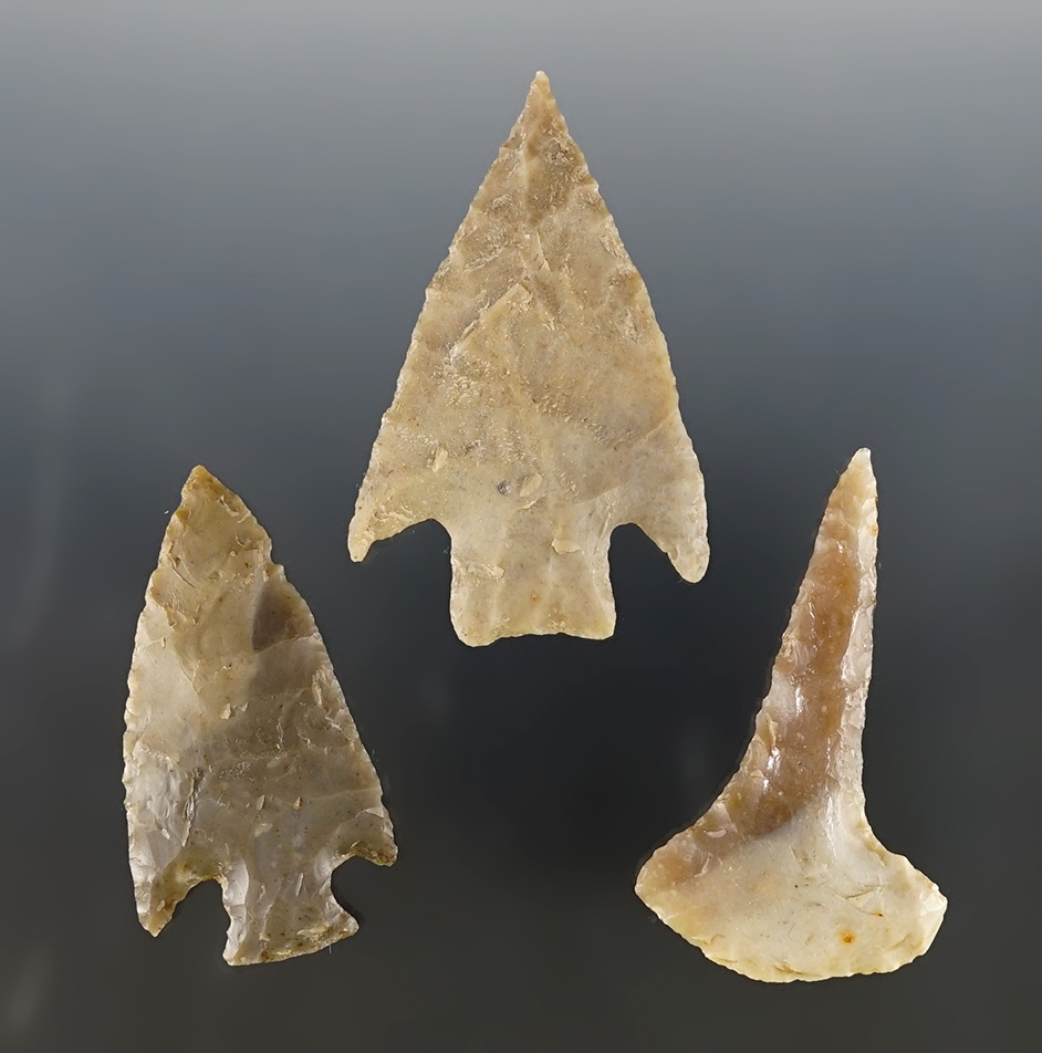 Set of 3 nicely made Texas points. The largest is 2 7/16". Certificate of Museum Deaccession. 