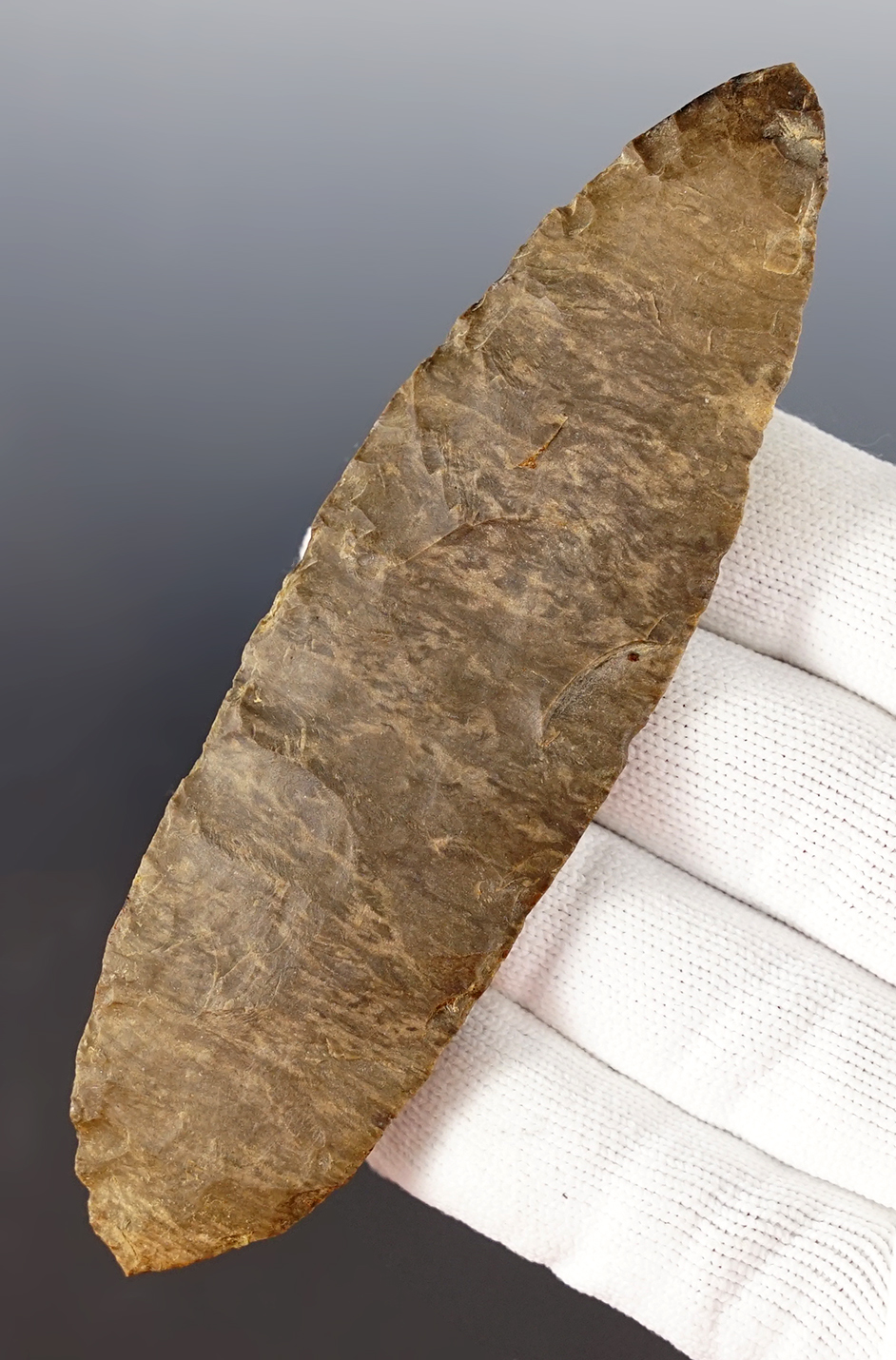 4 11/16" Bi-Pointed Knife found in Hardin Co., Tennessee. Made from patinated Dover Chert.