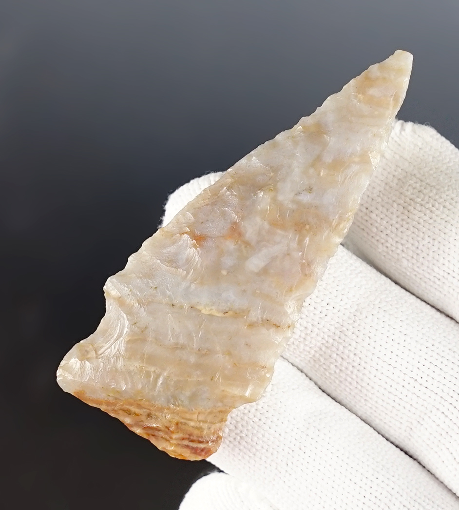 2 9/16” Stemmed point - Alibates. Found by Jess Jordon, 1946-1983, Baca Co., Colorado.