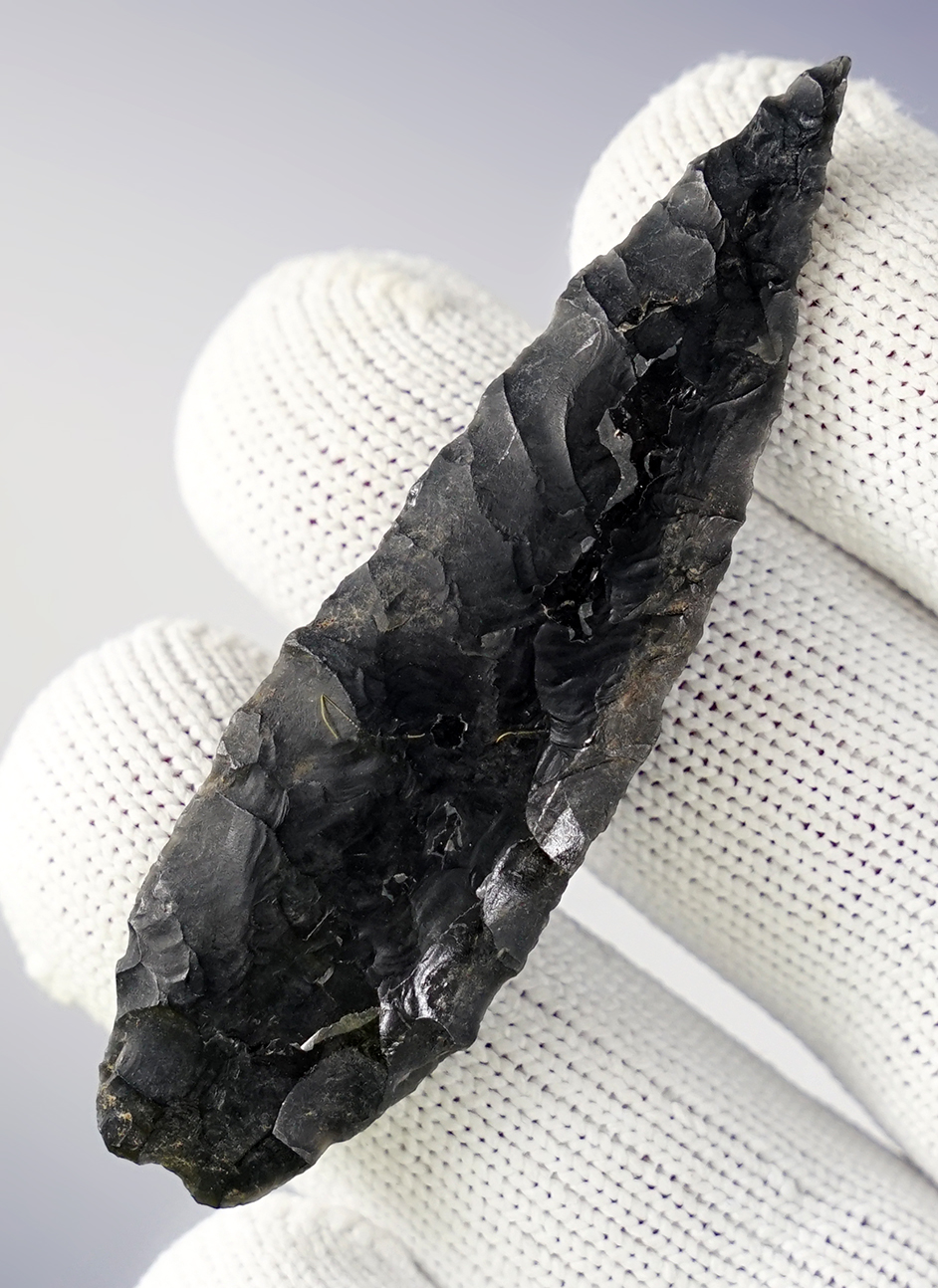 2 5/8" Pinto Basin nicely made from patinated Obsidian. Harney Co., Oregon in the 1960's.