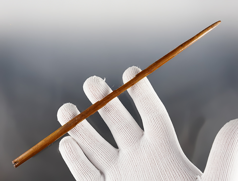 8 3/4" fragile and well patinated notched Bone Needle found in Umatilla, Oregon.