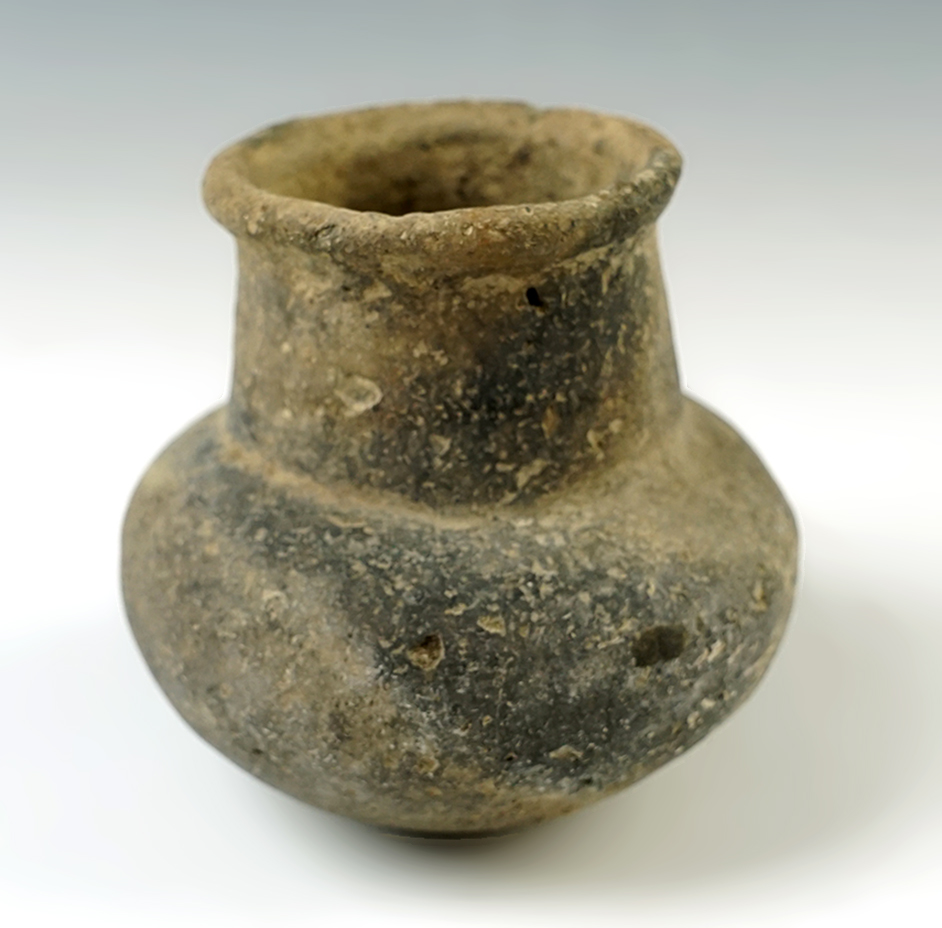 3" tall x 3" wide Miniature Mississippian Bottle recovered in Arkansas. 