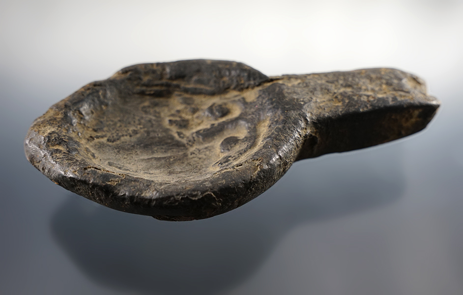 5 1/2" long Hand-carved Stone " Betty" Oil Lamp with a carved effigy design on bowls interior. 